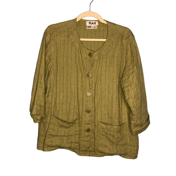 Flax Tops - FLAX Womens Button Down Blouse Size Petite Green 100% Linen Casual